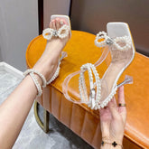 Elegant Square Toe Pearl Bow Heels